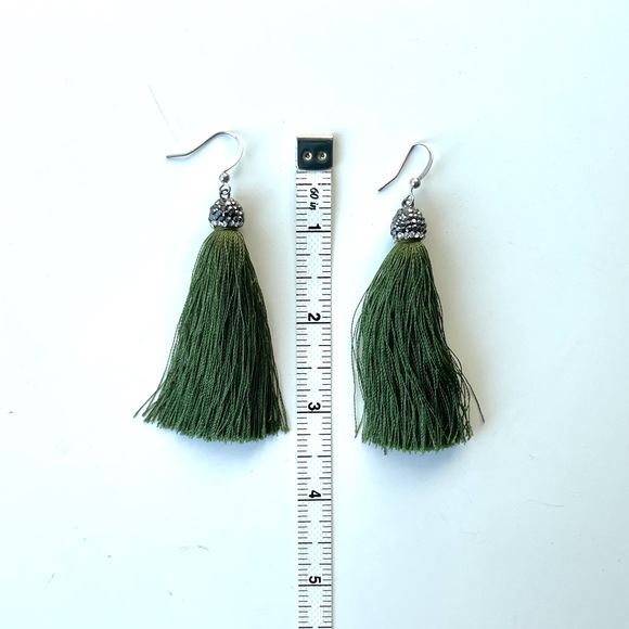 Green Tassel Drop Earrings With Gunmetal Bead - Picture 8 of 8